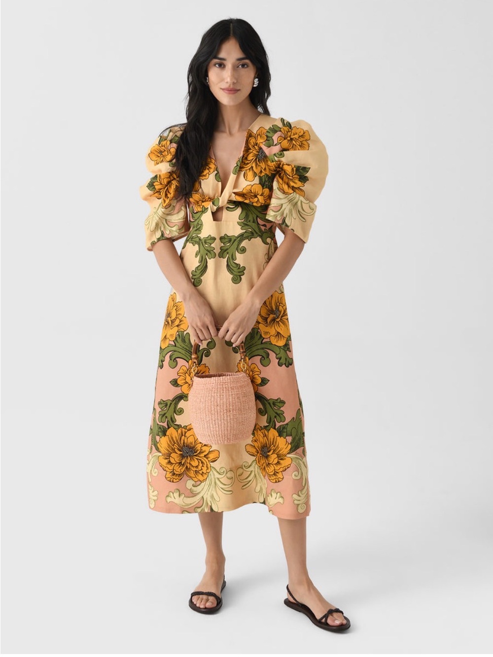 Farm Rio Delicate Flower Arabesques Short Sleeve Midi Floral Linen Dress XS NEW!